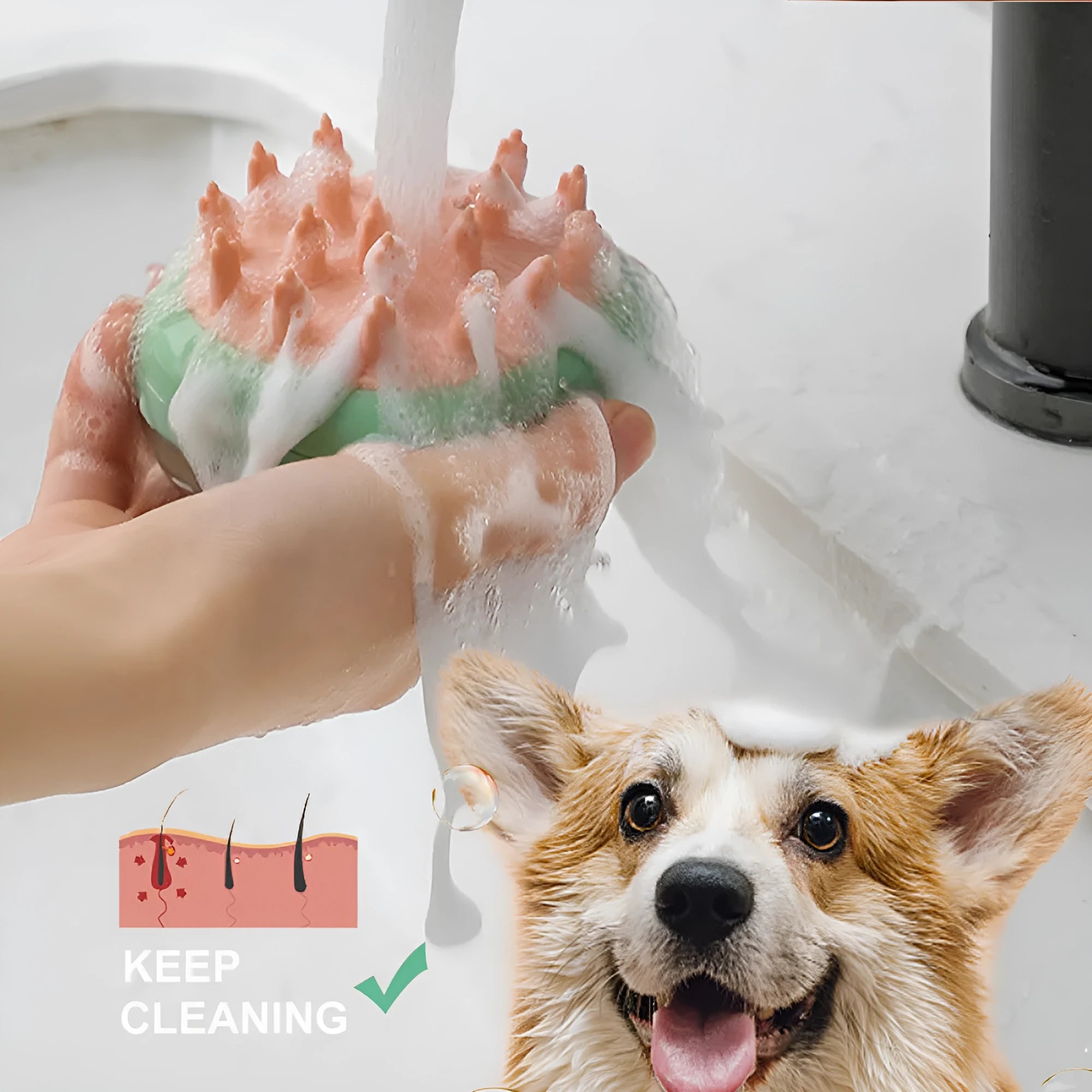Blue and green 2-in-1 pet grooming brush with shampoo dispenser and silicone bristles