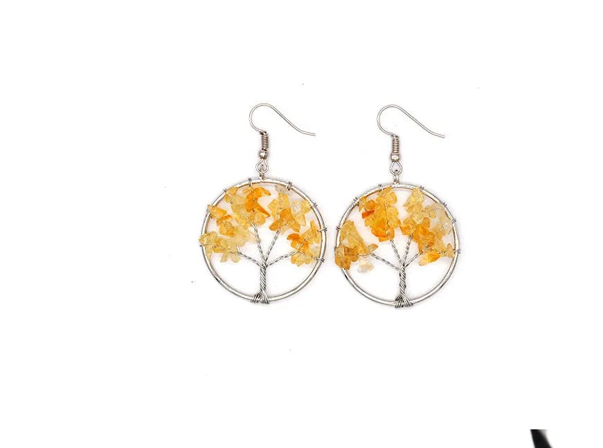 Natural crystal crushed stone tree earrings, 3.5cm diameter, copper wire, purple amethyst colour