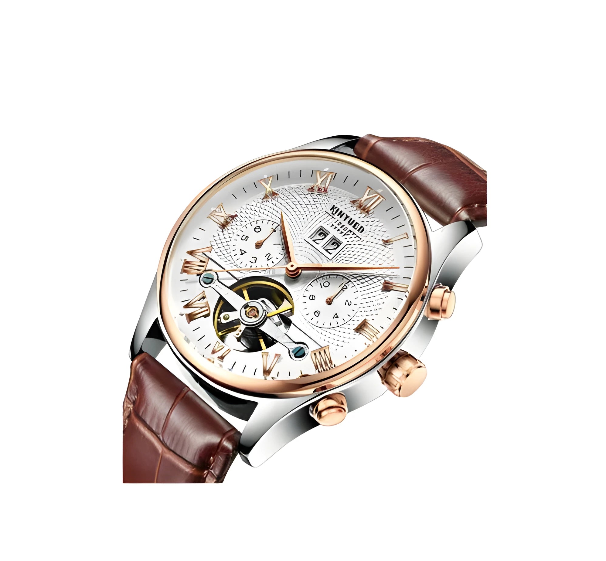 Men's automatic hollow tourbillon mechanical watch with 42mm dial and leather band on wrist