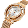 Quartz wrist watch with 32mm round alloy case, Milano mesh stainless steel strap, and magnet closure in golden blue dial option