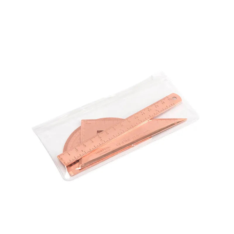 Stainless steel ruler set with protractor, triangle plate, and ruler in transparent pocket