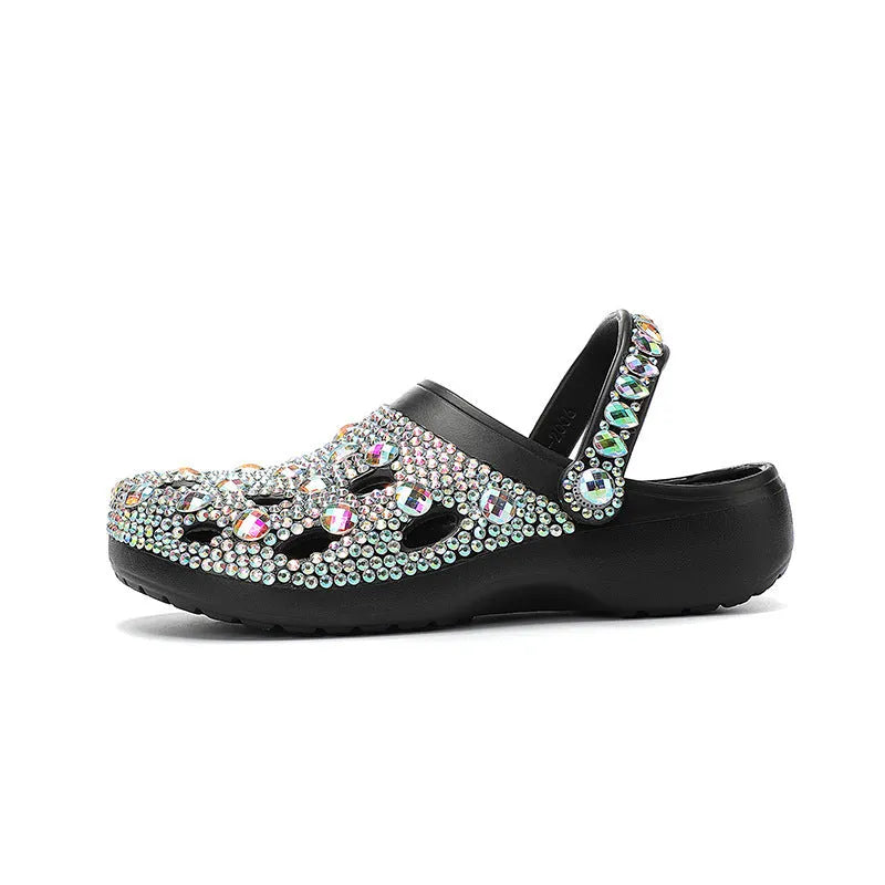 Black women's platform sandals with rhinestone detail and hole design on EVA upper