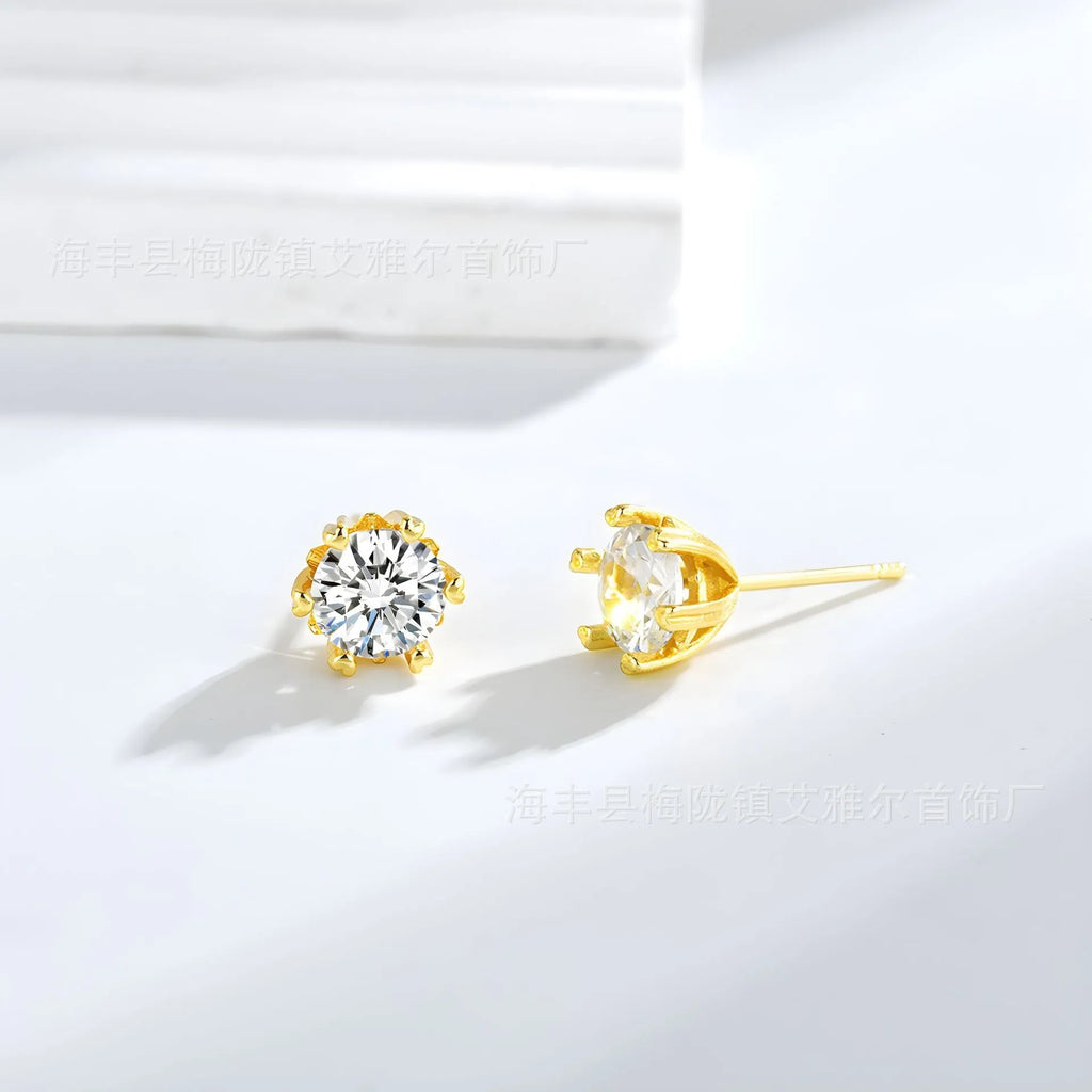 Silver brass zircon stud earrings heart shape hexagonal star design classic six-claw setting on white background