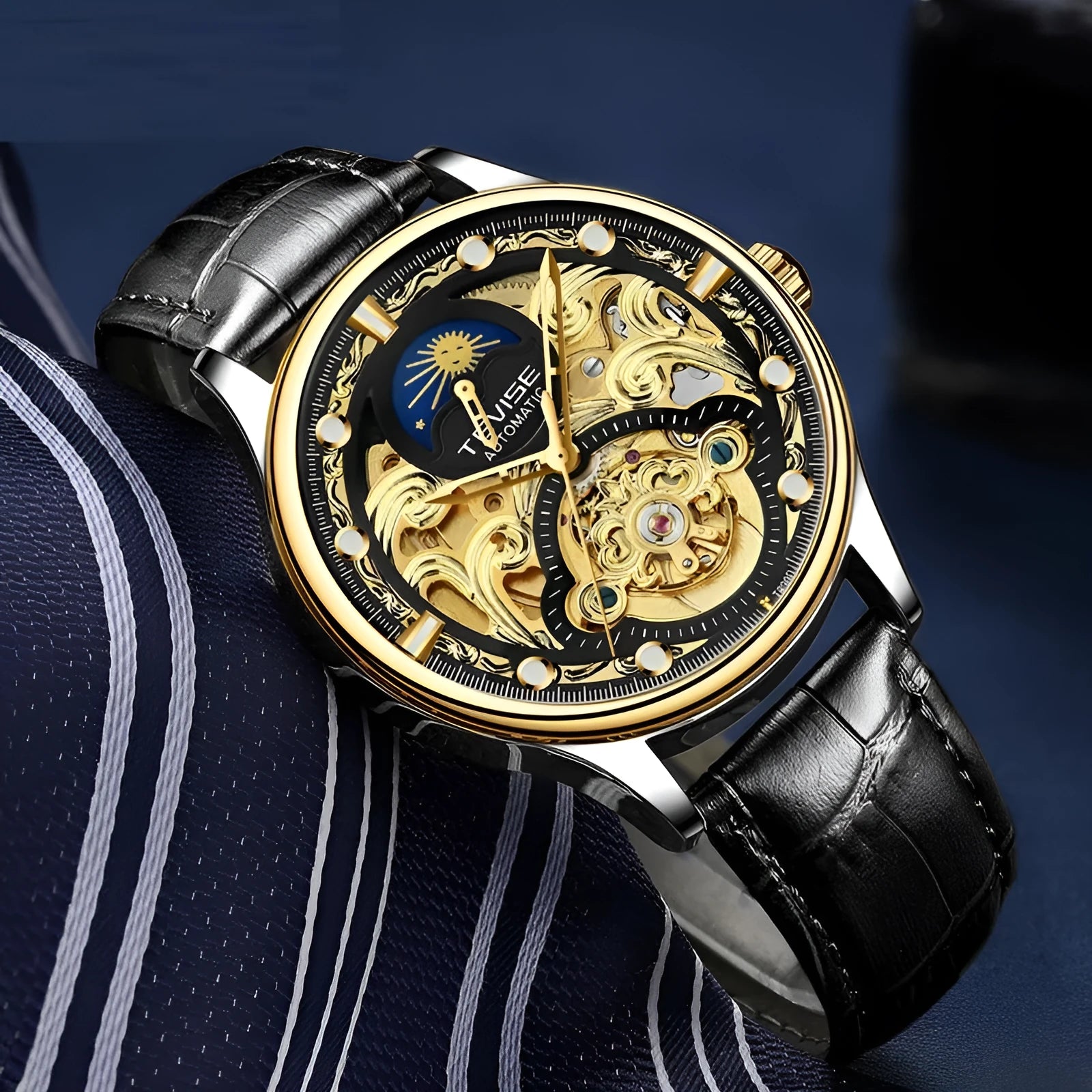 Men's gold and white leather strap automatic waterproof business watch with 16mm case