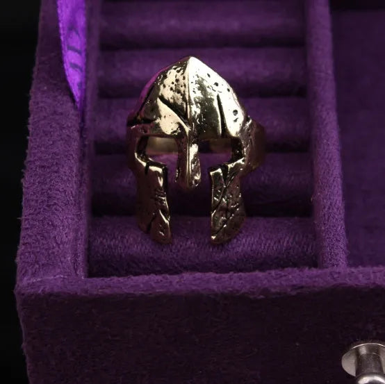 Spartan hero helmet mask copper ring in Ancient silver finish on finger