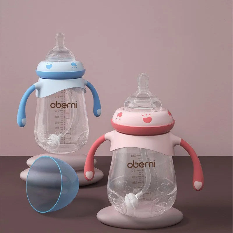 Wide caliber anti-colic baby bottle with handles in blue, green or red colours