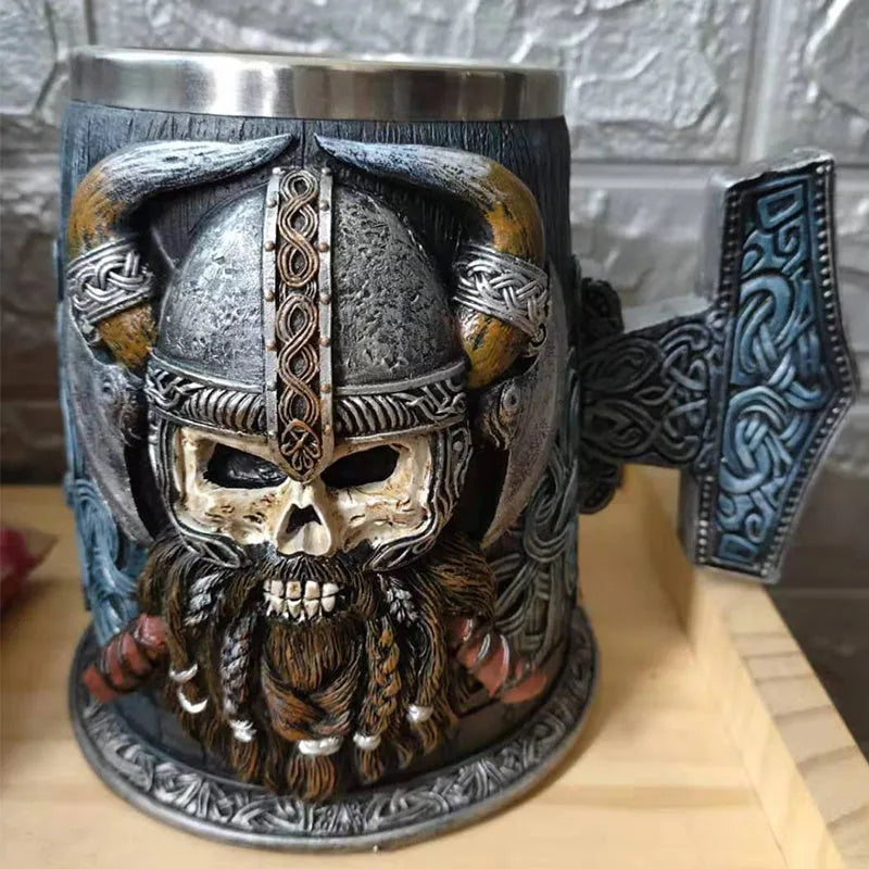 Viking Pirate Beer Mug hand-painted black resin with removable stainless steel insert, runic base and Mjolnir handle