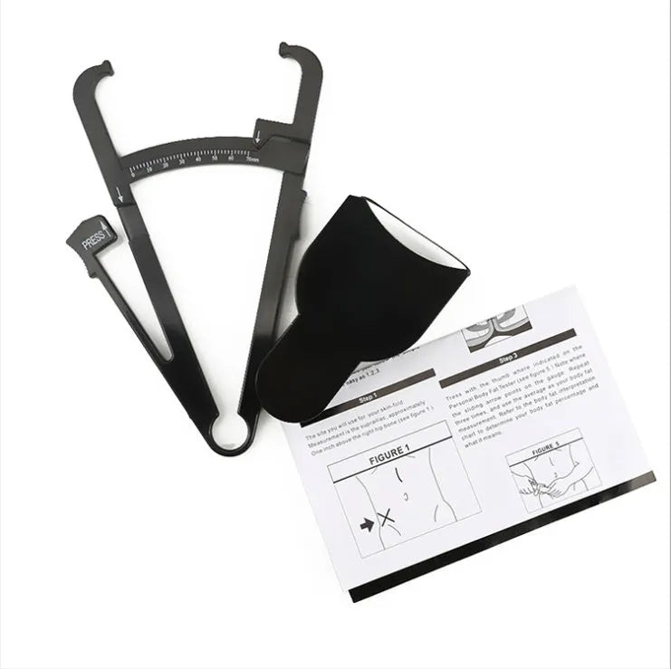 Black ABS plastic body fat caliper measuring skin fold thickness with a 0-70mm scale.