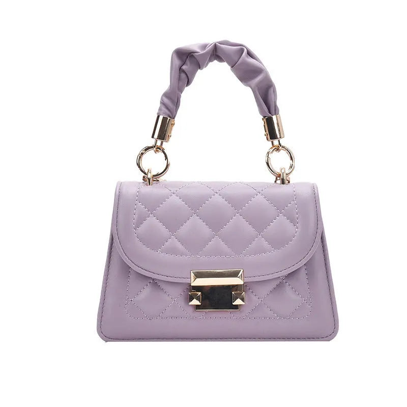 Women's purple PU small square messenger bag with rhombus pattern and 112cm shoulder strap