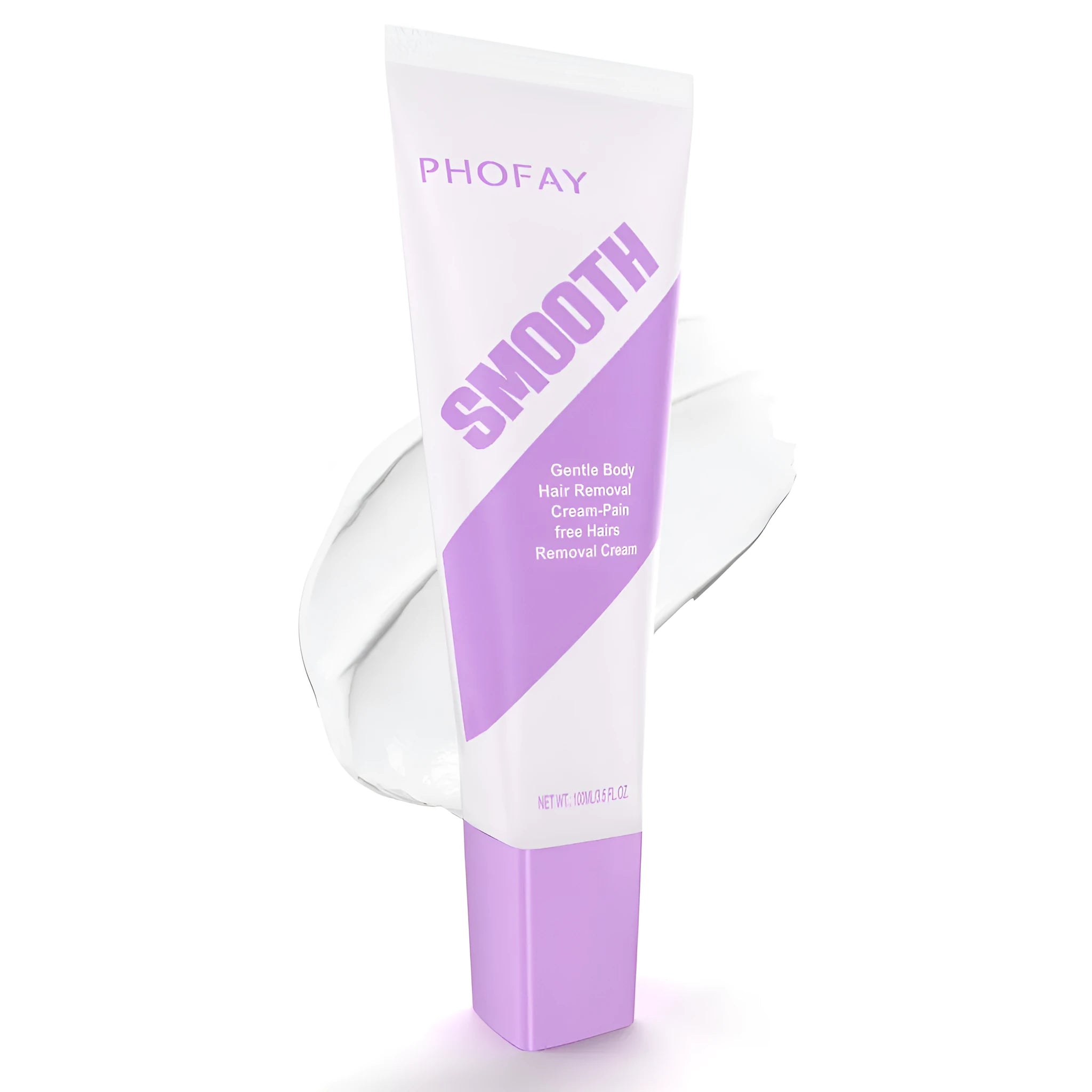 PHOFAY pain-free hair removal cream tube and plastic scraper on a pink background.