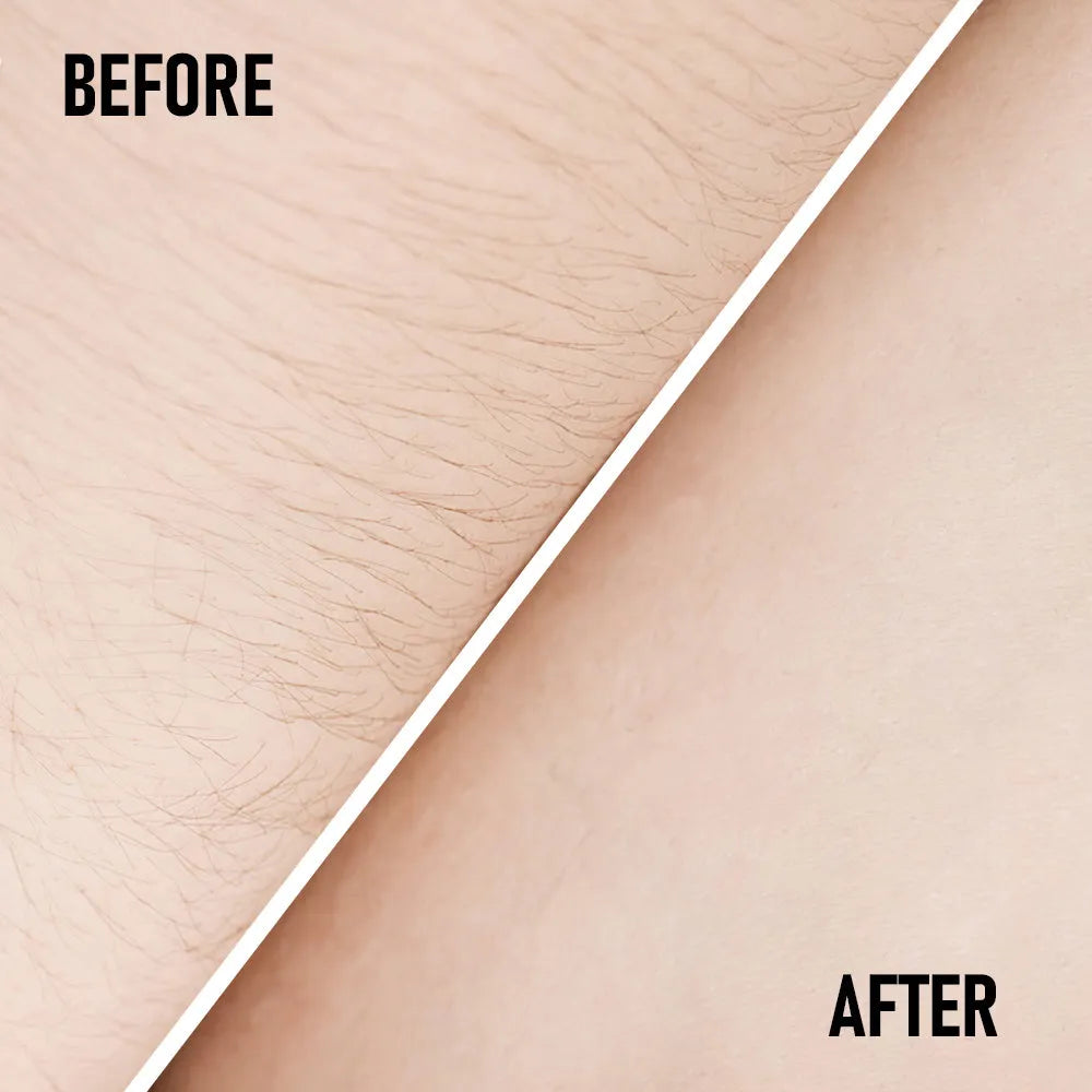 PHOFAY pain-free hair removal cream tube and plastic scraper on a pink background.