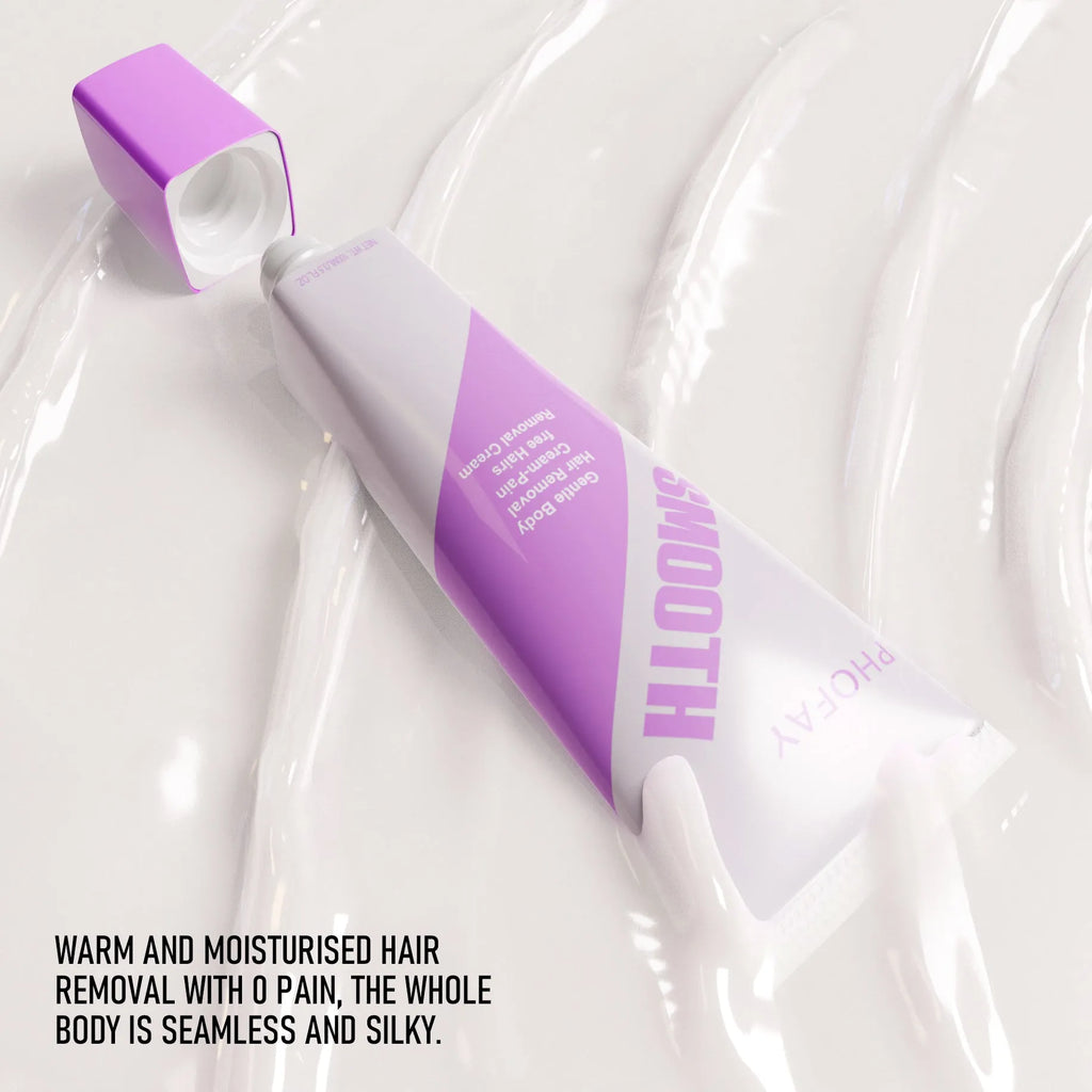 PHOFAY pain-free hair removal cream tube and plastic scraper on a pink background.