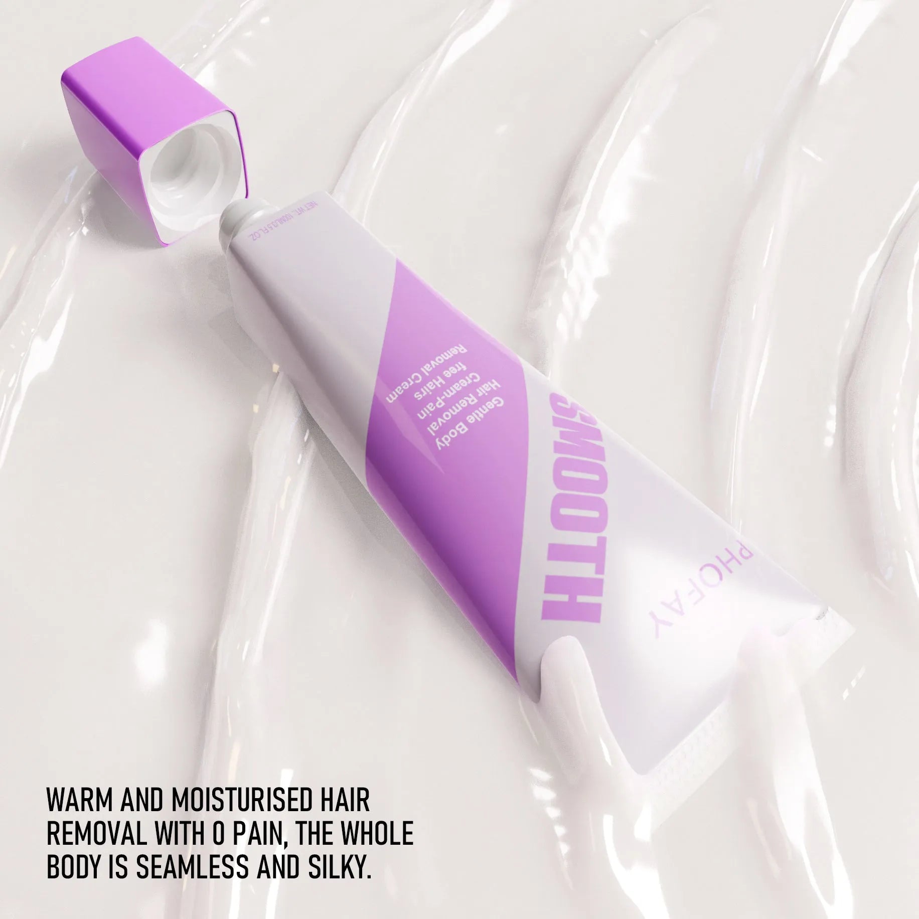 PHOFAY pain-free hair removal cream tube and plastic scraper on a pink background.