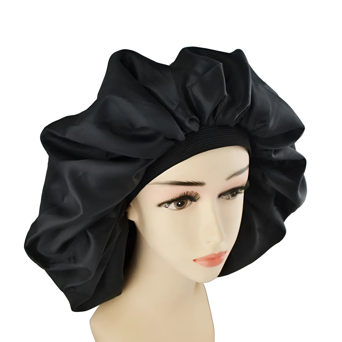 Black beauty salon cap with elastic fit, 45cm diameter, warp lining and Chunya spinning outer layer