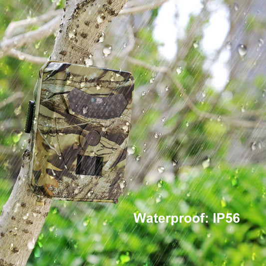 A 12MP 1080P trail camera with infrared night vision for capturing wildlife in the outdoors.