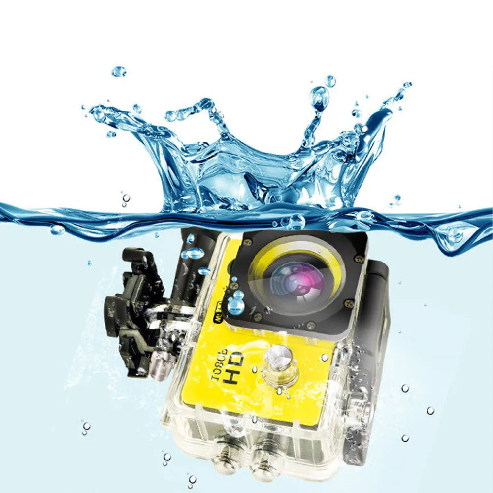HD 1080P waterproof action sports camera in black with 140-degree wide-angle lens and 30m depth rating
