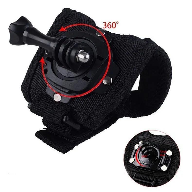 Black GoPro wrist strap with 360-degree rotating camera mount and back cushion