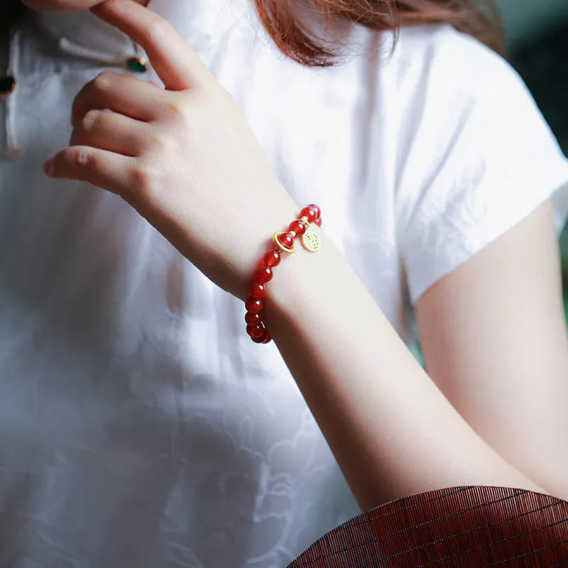 Natural red agate bracelet with blessing card in national style.