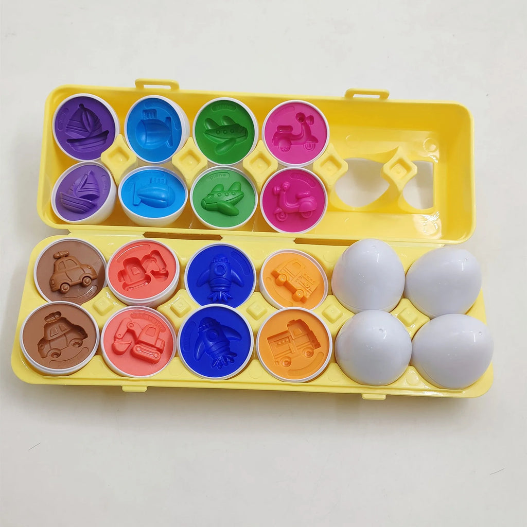 12 shape matching eggs toy set in green plastic with storage case, educational toy for children 3-6 years