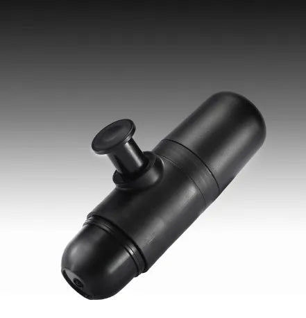 Black portable manual espresso coffee machine with stainless steel parts, shown at 17.5cm height.