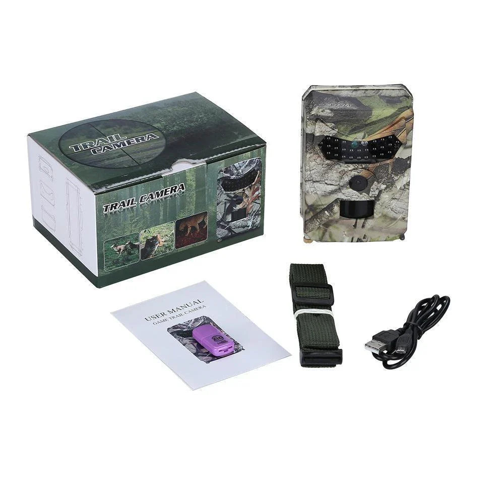 A 12MP 1080P trail camera with infrared night vision for capturing wildlife in the outdoors.