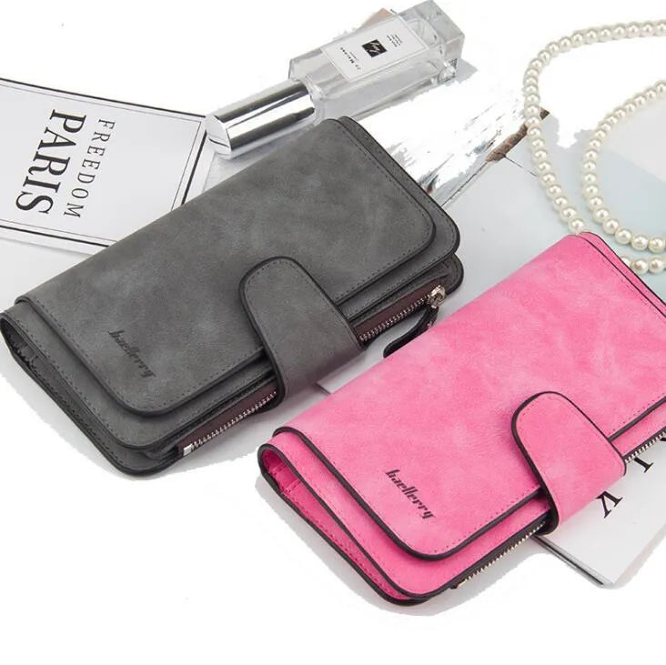 Women's PU zip wallet in Black, Blue, Brown, Dark Blue, Dark Grey, Dark Red, Light Grey, Pink and Rose Red with zipper closure