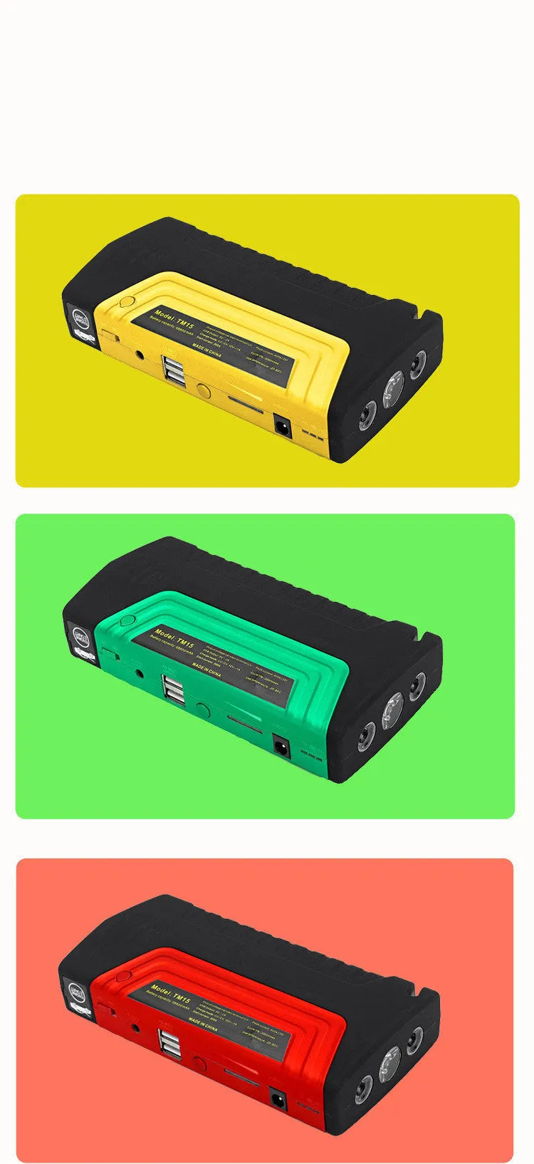 TM15A car emergency start power with high rate battery in green colour, 200A starting current, USB and laptop ports