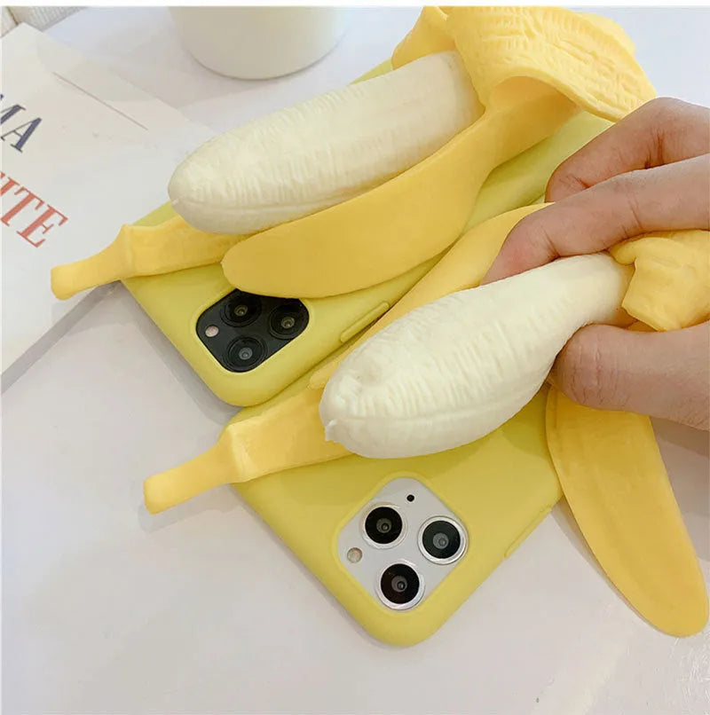 Yellow banana silicone iPhone case with unzip design showing seven protection features