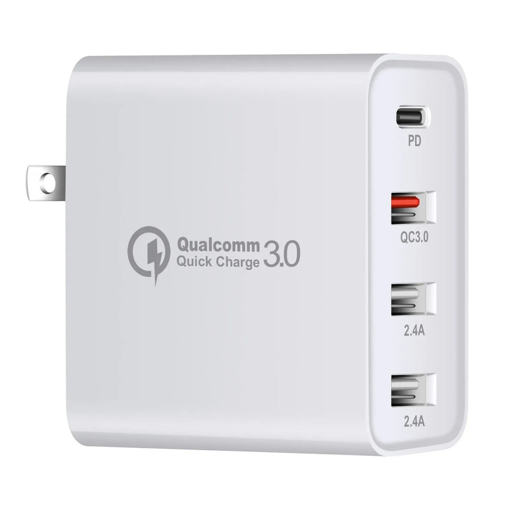 Black or white 48W PD charger with four USB-C ports and interchangeable UK, US, EU, AU plugs.