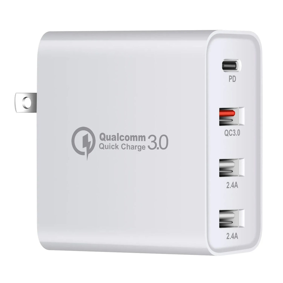 Black or white 48W PD charger with four USB-C ports and interchangeable UK, US, EU, AU plugs.