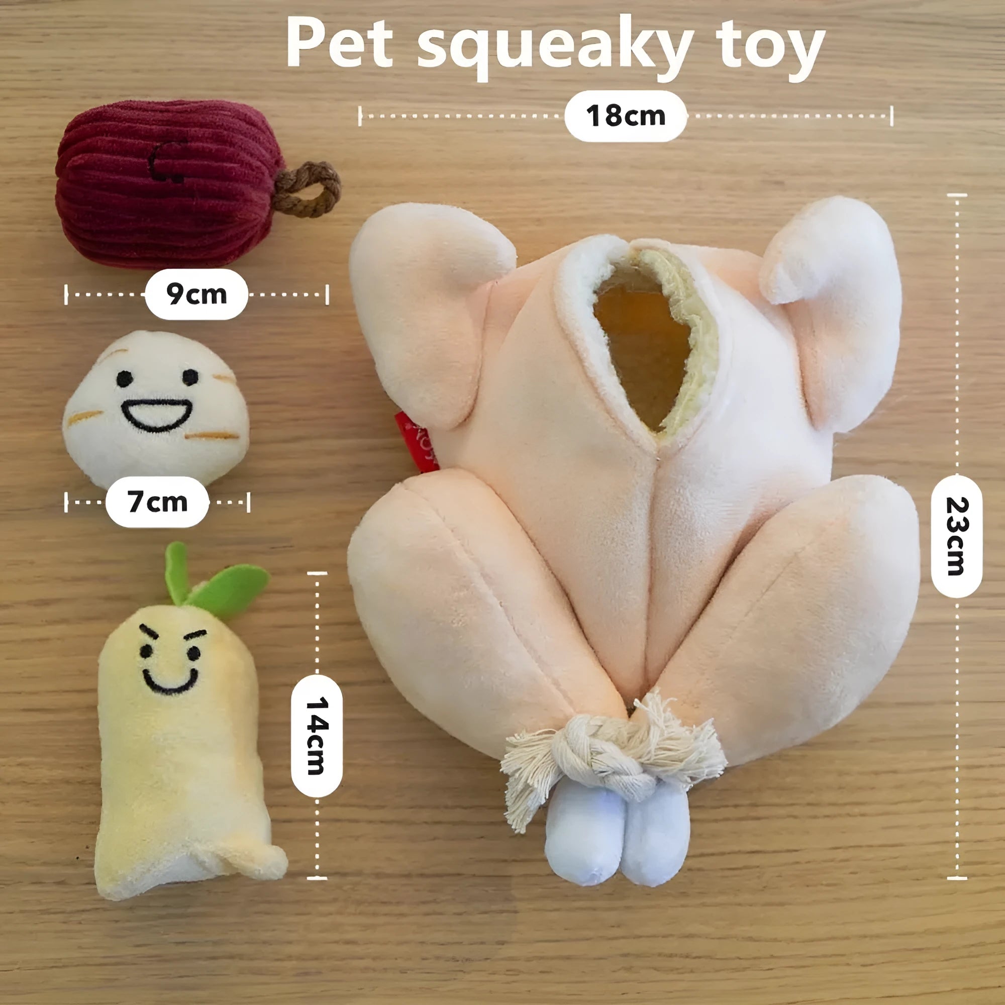 Cartoon plush chicken toy with jujube, chestnut, ginseng, and molar rope for dog and cat play