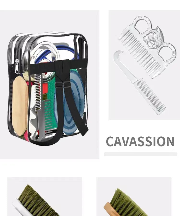 Ten-piece horse grooming kit showing brushes, aluminium combs, and storage bag for equestrian care