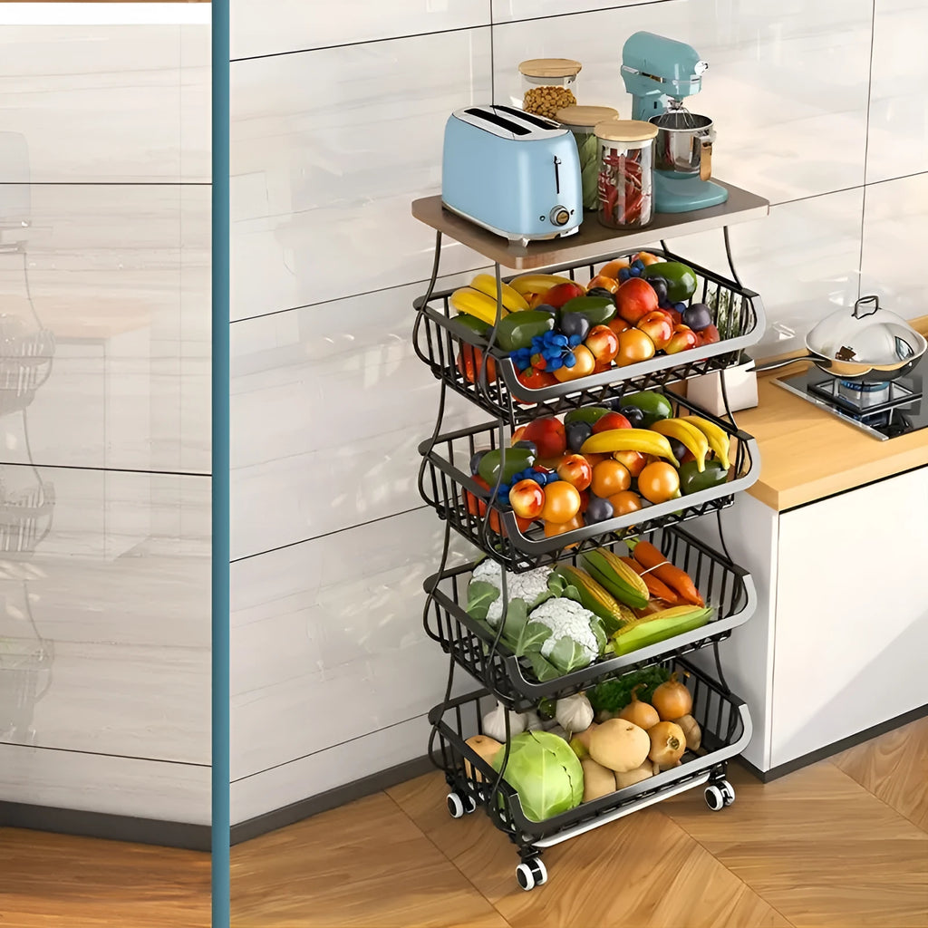 Black six-layer free-standing metal kitchen shelf trolley on a floor, showing foldable design.