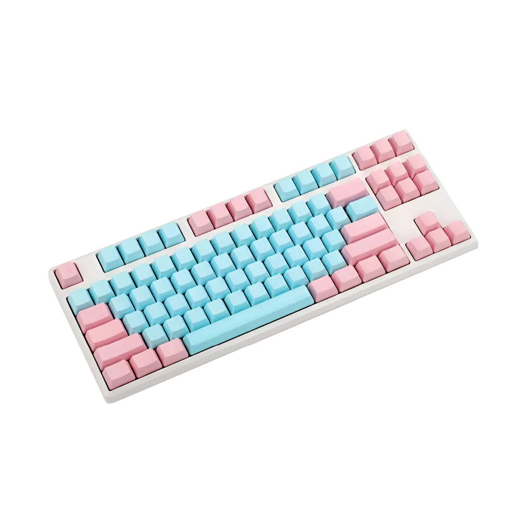 Set of opaque pink PBT keycaps with side-printed legends for a mechanical keyboard.