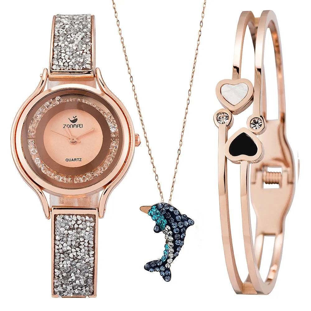 Ladies' quartz watch, 25mm round dial, alloy strap and case, Gold or Rose Gold, with bracelet, necklace and watch box