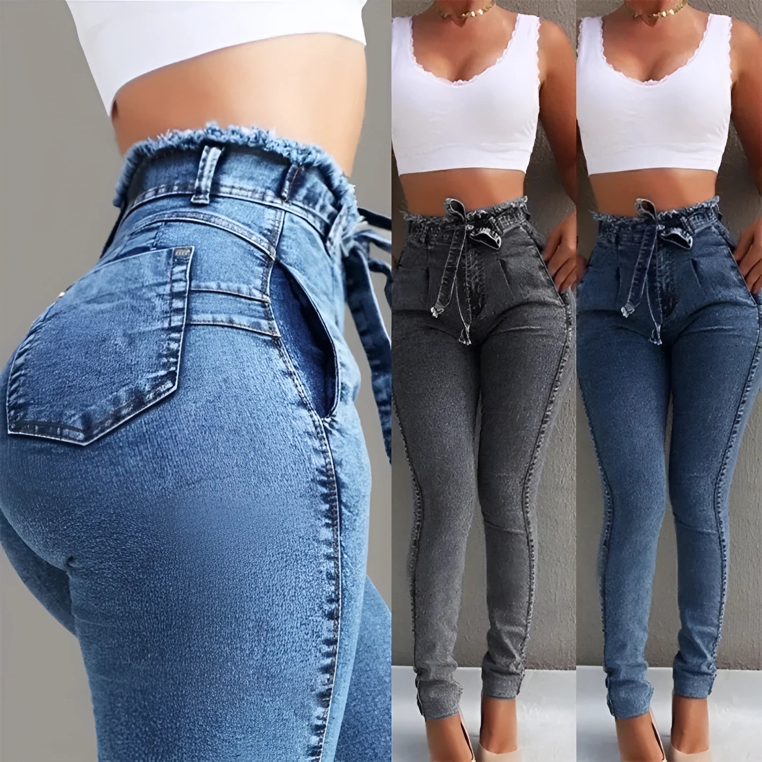 Fringed jeans with distressed detailing and raw hem fringe in cowboy fabric available in three colours