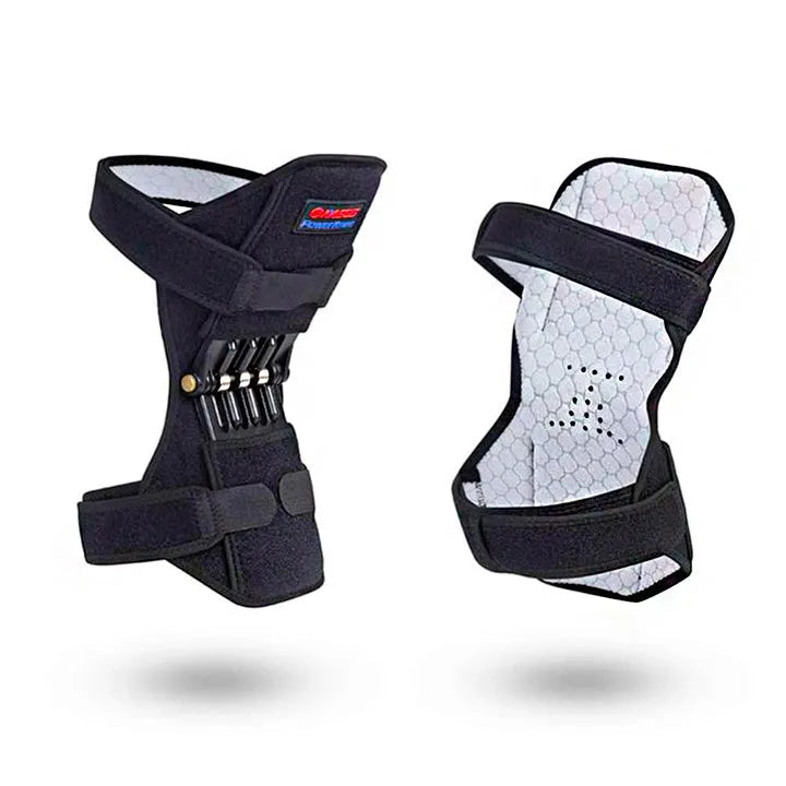 Black knee booster with carbon steel spring and Velcro straps on a neutral background