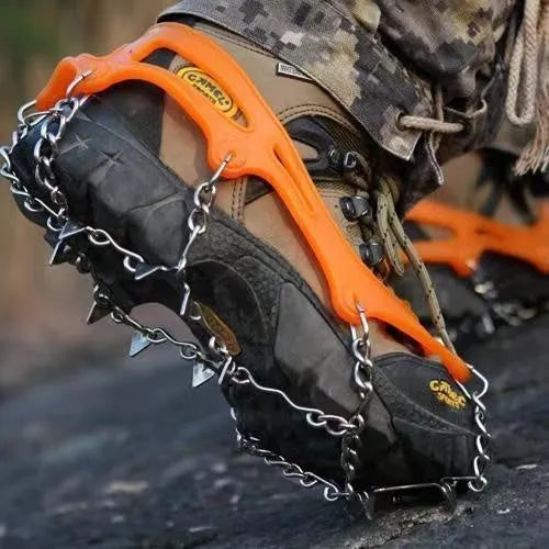 Stainless steel chain crampons for snow climbing and hiking, free size non-slip shoe cover with 8 or 10 steel teeth