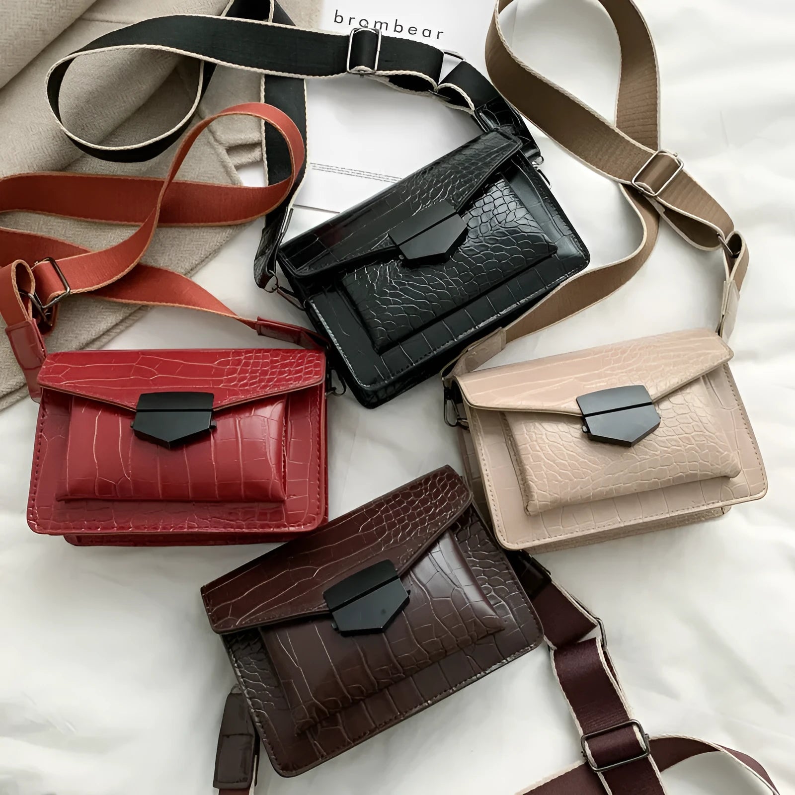 Vintage style crossbody bag in PU material showing dimensions of 20cm wide by 14cm high