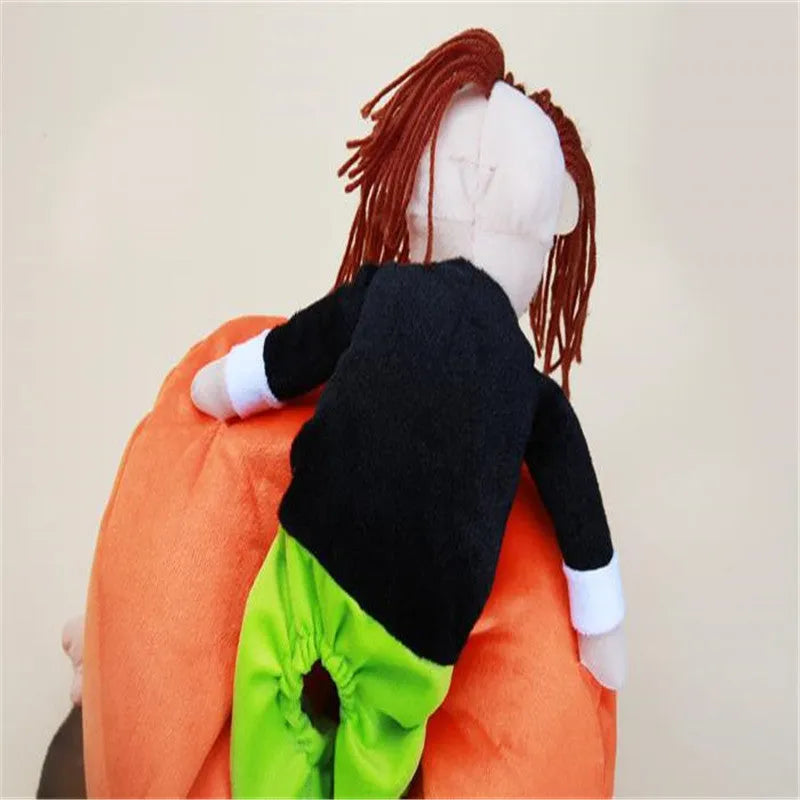 Orange cotton pet Halloween pumpkin costume with adjustable Velcro bust on a dog