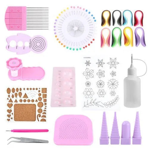Art beginner paper craft kit with eight gradient paper strip packs, white template, tools and storage box on a table