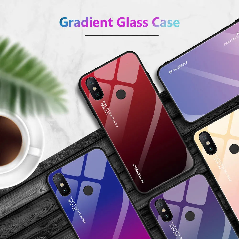 Gradient colour phone case for Xiaomi Redmi with tempered glass back and TPU frame