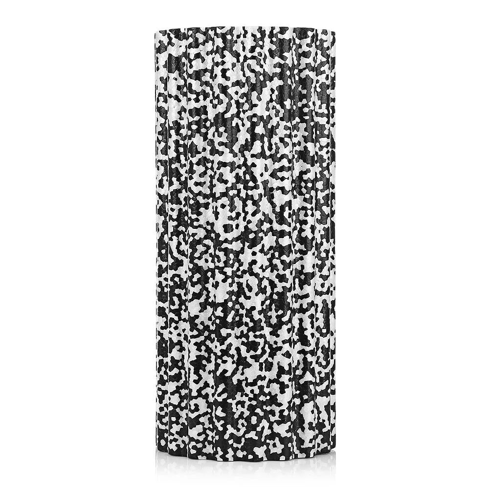 High density EPP foam roller 32 x 14 cm with quincuncial surface, shown in black and white for yoga and muscle massage.