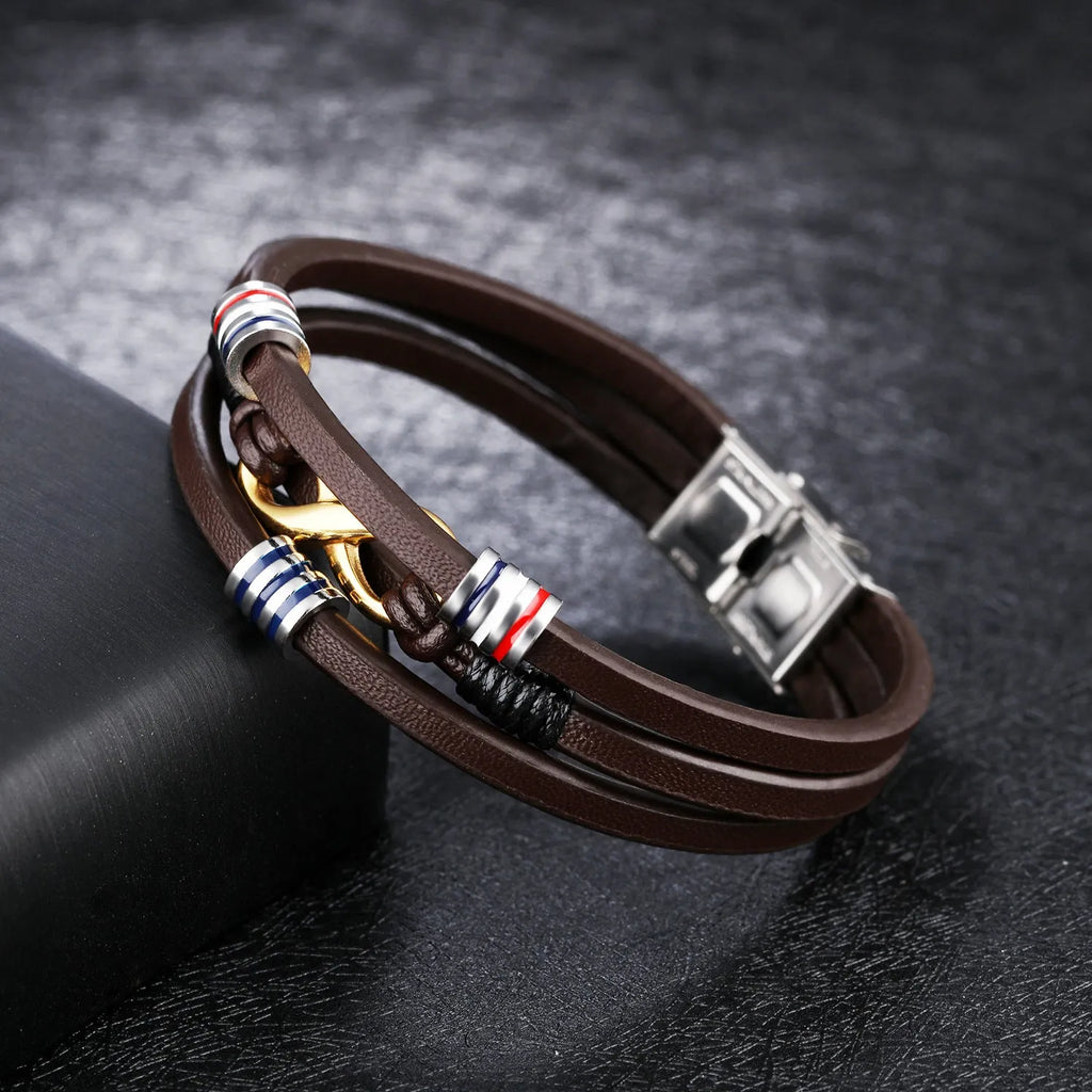Men's geometric leather bracelet with titanium steel electroplating finish