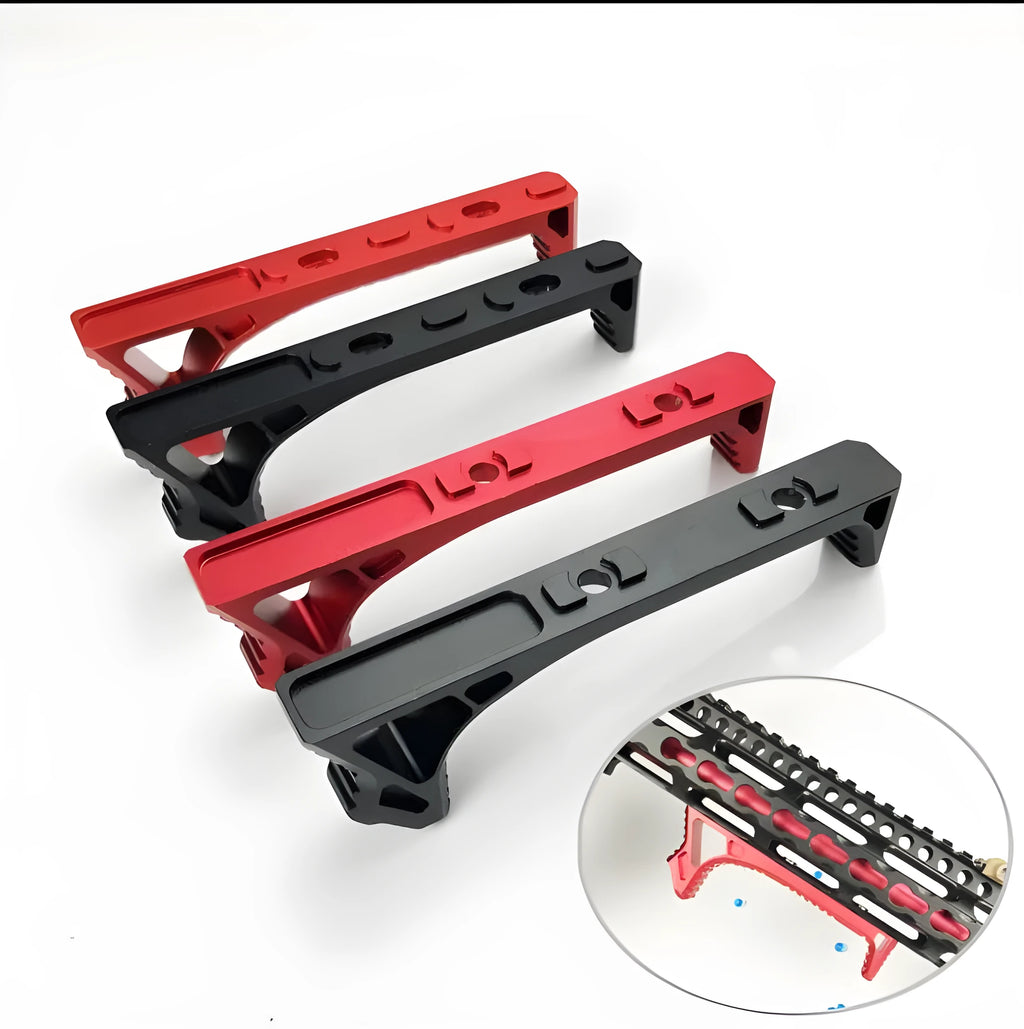 Black and red aluminium rifle handstops for M-LOK and KEY-MOD attachment systems on an AR-15 handguard.