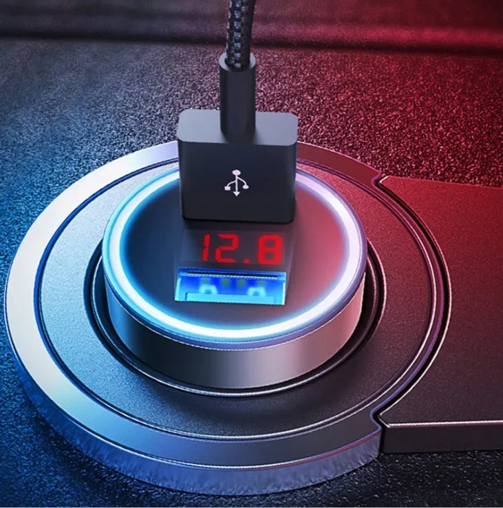 Dual USB car charger with digital display showing battery voltage, aluminium alloy ring, silver colour
