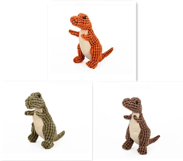 Large plush dinosaur chew toys for big dogs in various colors and sizes