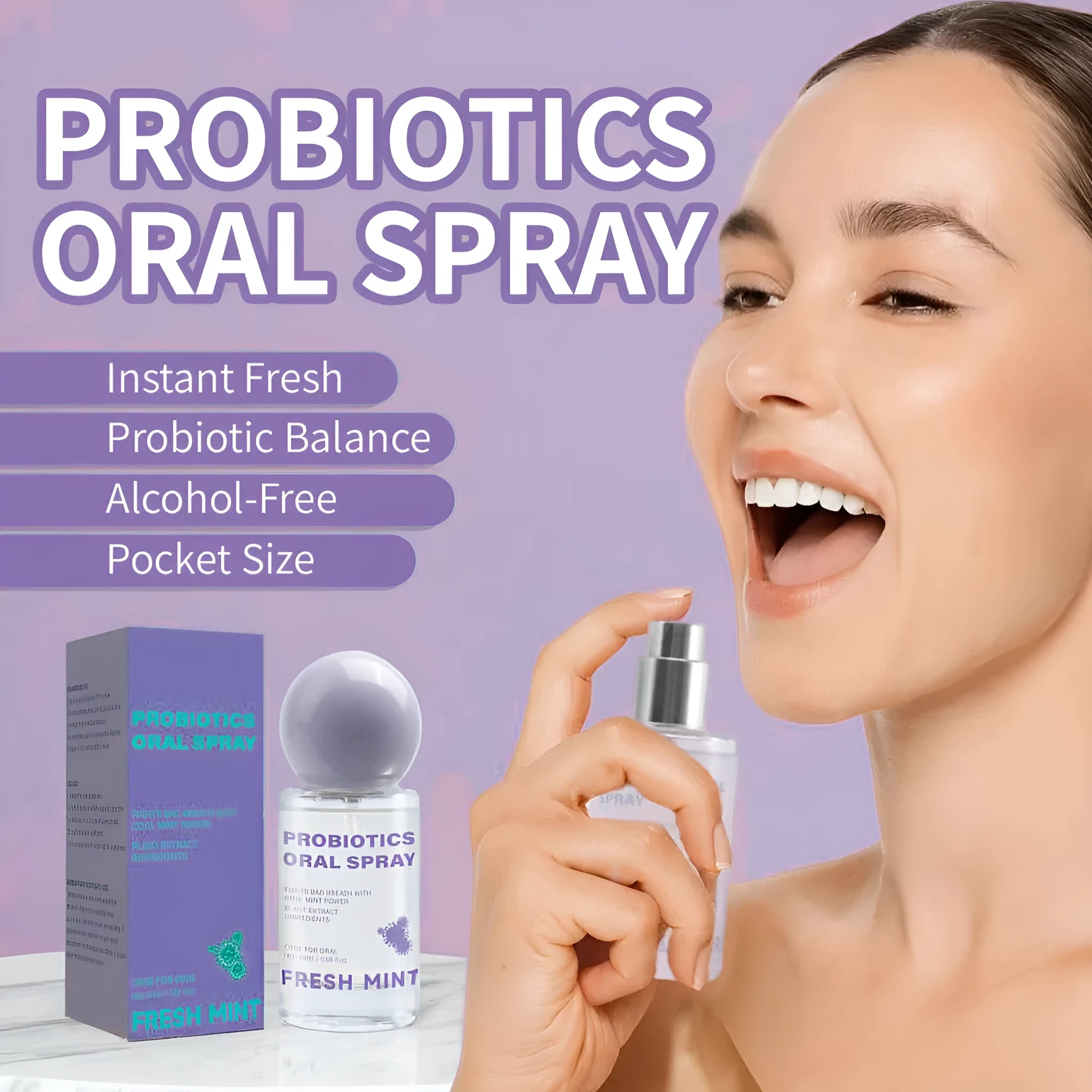 Portable probiotic oral spray 20ml bottle on white background, fresh breath mouth spray for on-the-go use
