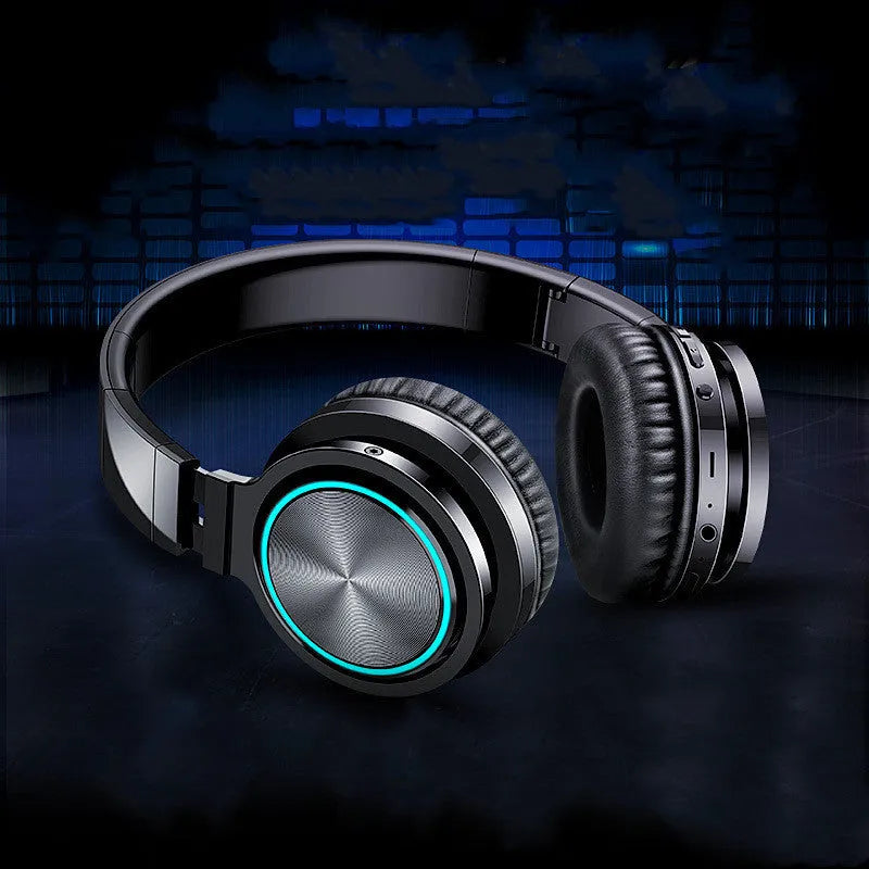 B12 wireless folding Bluetooth headset shown in black, black and red, and white and grey colour variants.