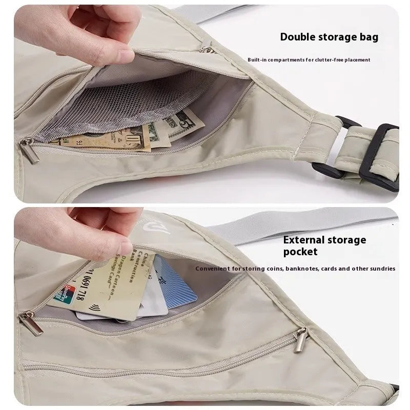 Anti-theft nylon travel document waist bag in solid colour for men featuring secure storage, shown in a practical urban simplicity style